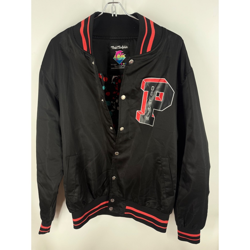 Rare HTF Pink Dolphin Bomber Varsity Satin Jacket Black Red P Logo Mens Size XL